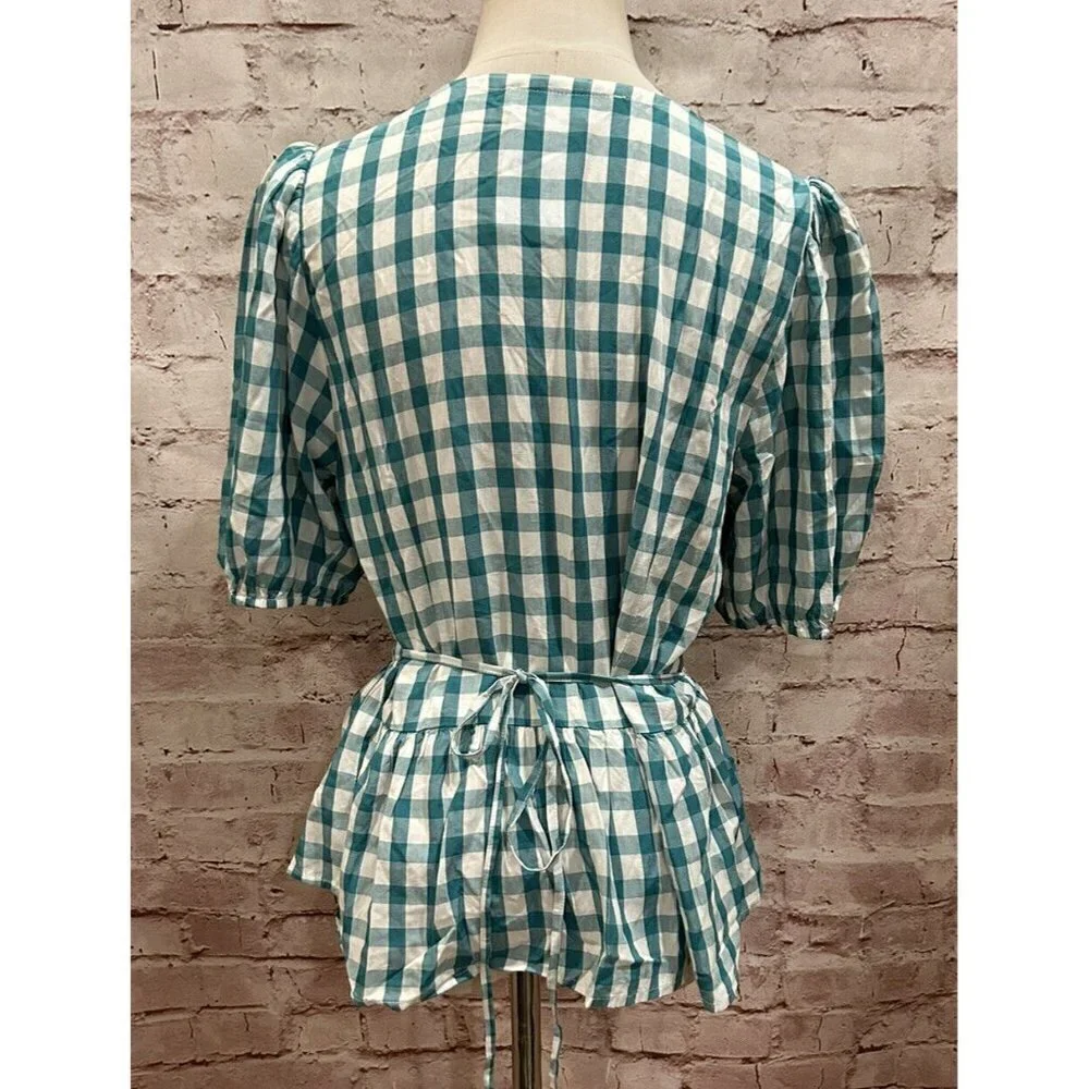 Loft Wrap Blouse Green Gingham Check Top Short Puff Sleeve Tie Waist Size S